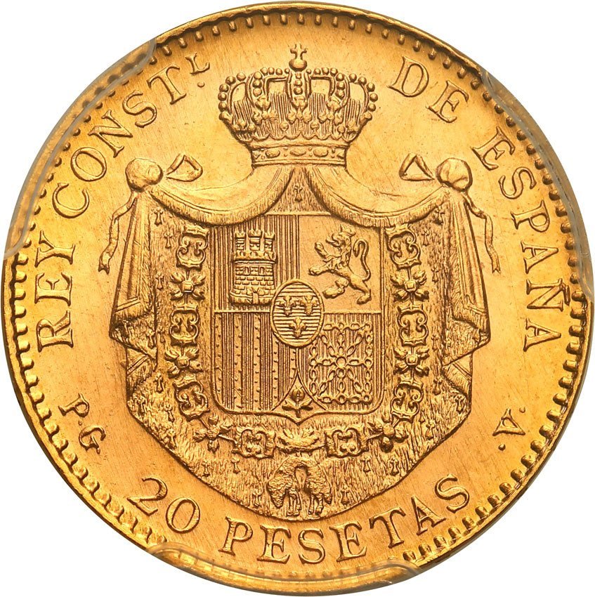 Hiszpania. 20 Pesetas 1887 - PG V nowe bicie (1962 r.) PCGS MS66 (2 MAX)